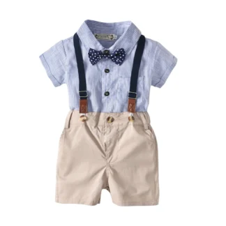 Kids Blue Striped Shirt with Khaki Shorts & Bow Tie Set
