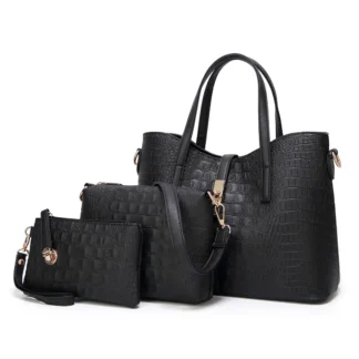 Black Croc Print 4-Piece Women's Handbag Set