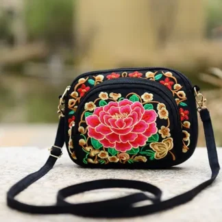 Ethnic Embroidered Crossbody Bag Red Peony Flower