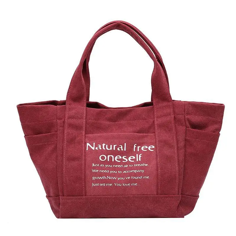 Women Canvas Shoulder Bag with Printed Quote - Image 5