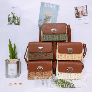 Women's Straw Woven Crossbody Bag with Lock