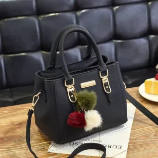 Black Women's Handbag with Pom Pom Charm Shoulder Crossbody