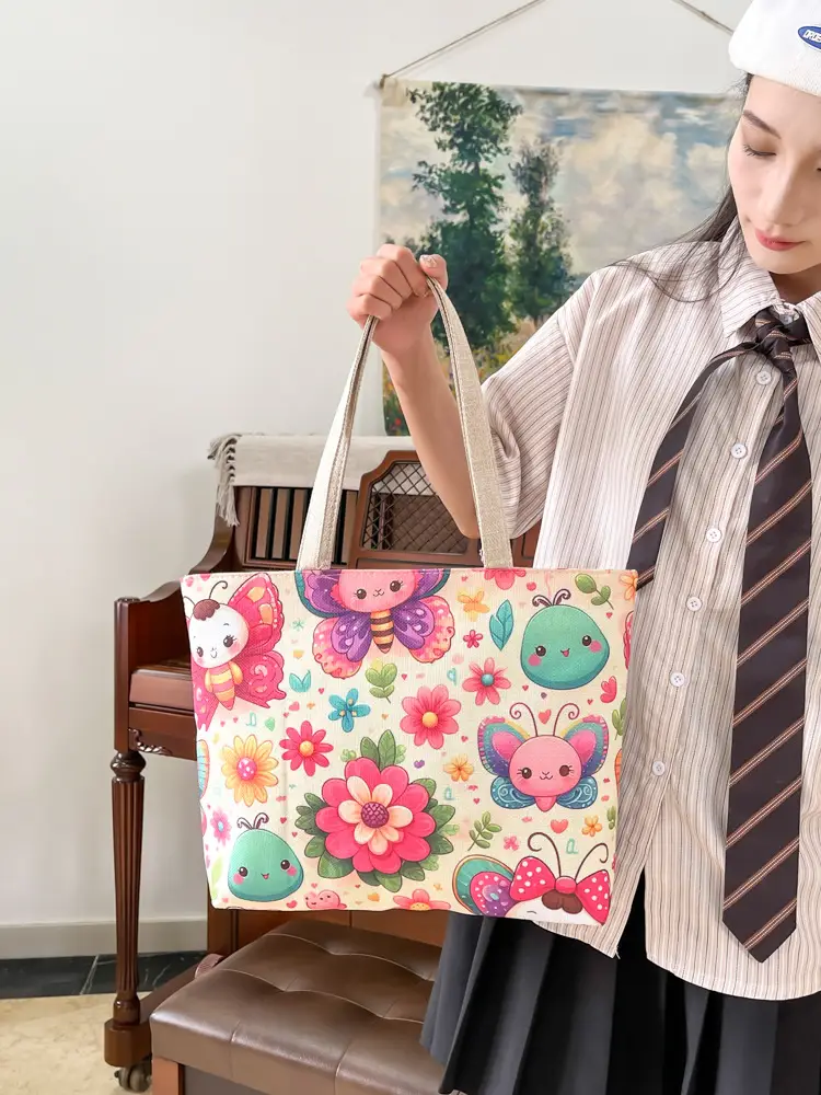 Butterfly Canvas Shoulder Bag for Women Large Capacity Retro Style