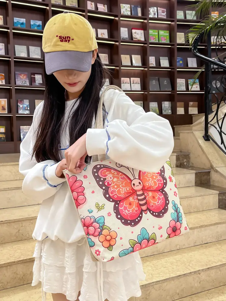 Butterfly Canvas Shoulder Bag for Women Large Capacity Retro Style - Image 2