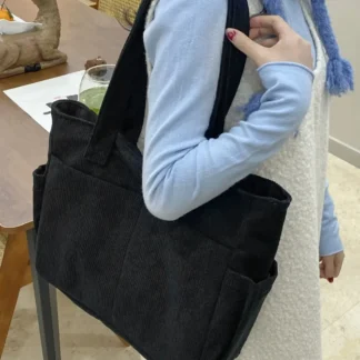 Fashionable Black Corduroy Tote Bag for Women