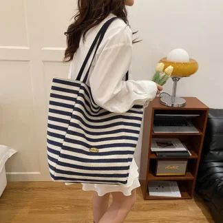 Dark Blue Striped Canvas Tote Bag for Women