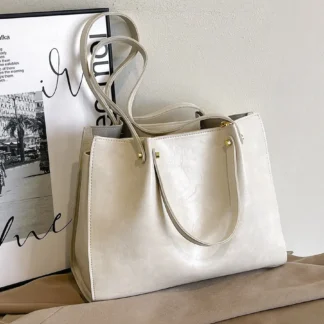 Cream Textured Women's Tote Bag with Gold Hardware