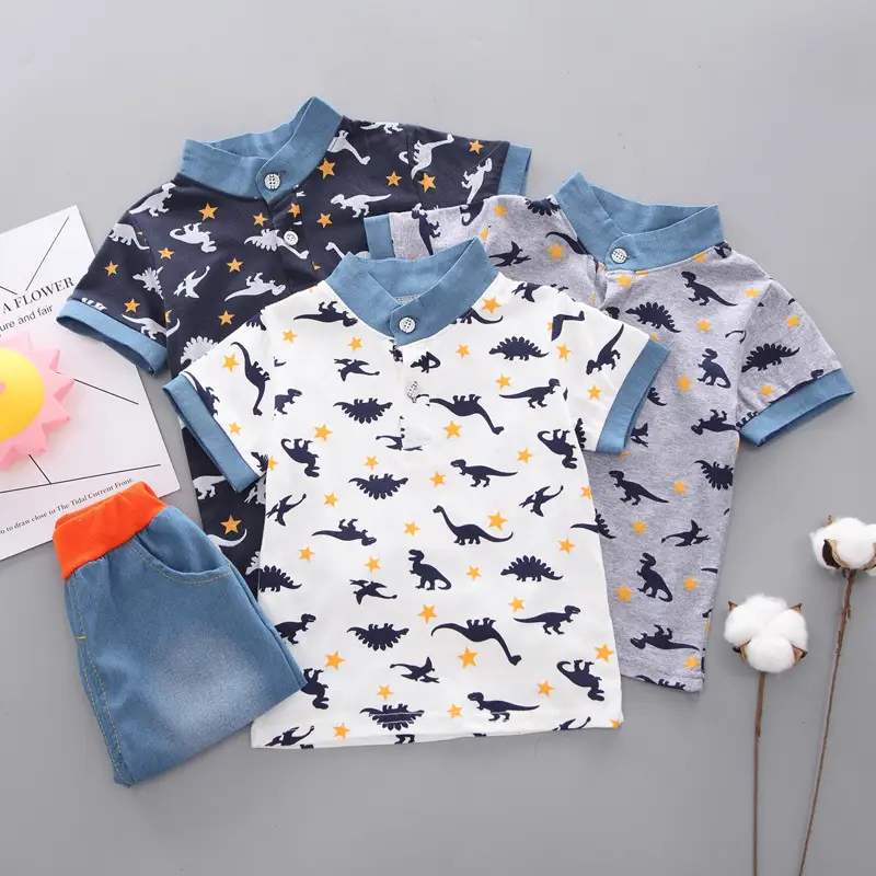 Boys Dinosaur Print Summer Polo Shorts Set - Image 2