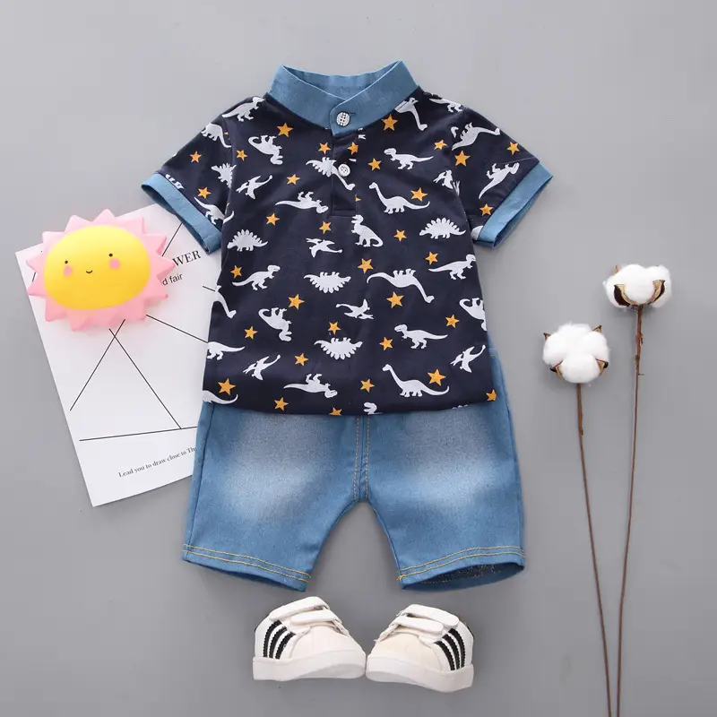Boys Dinosaur Print Summer Polo Shorts Set - Image 3