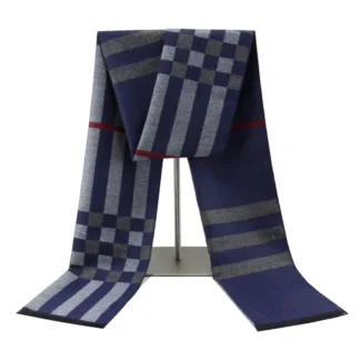 Navy Blue Plaid Winter Scarf for Men Women Couple
