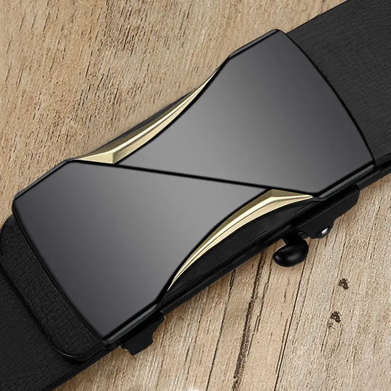 Men Genuine Leather Belt Black Gold Automatic Buckle