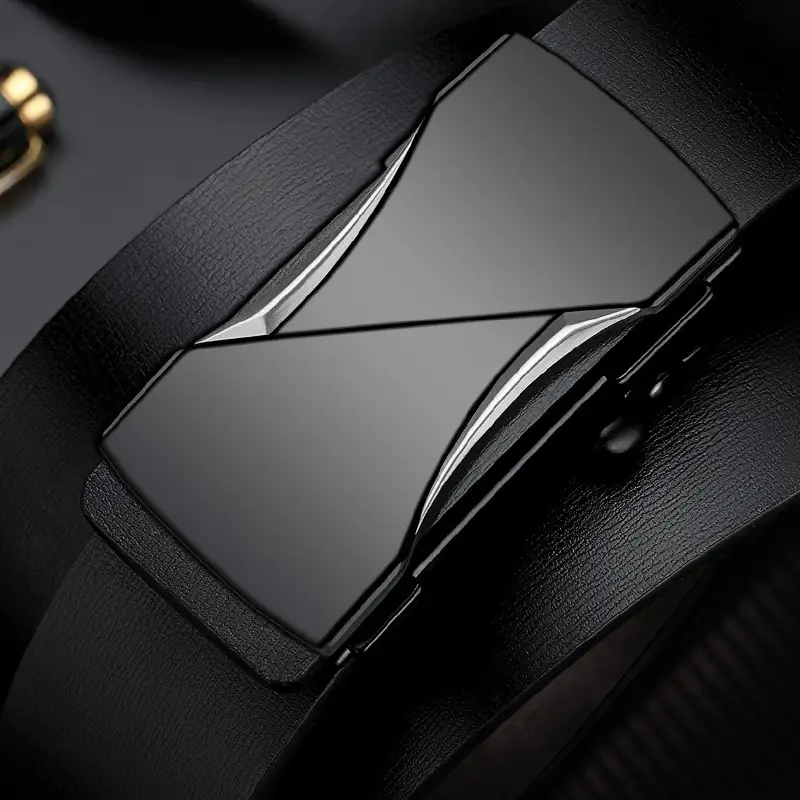 Men Genuine Leather Belt Black Gold Automatic Buckle - Image 2