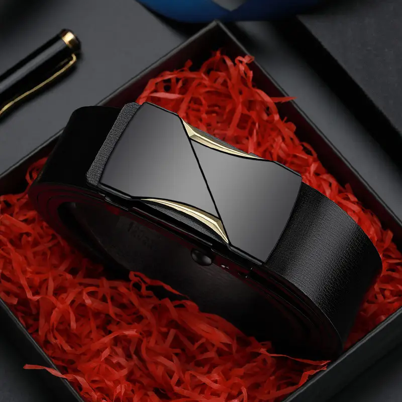 Men Genuine Leather Belt Black Gold Automatic Buckle - Image 3