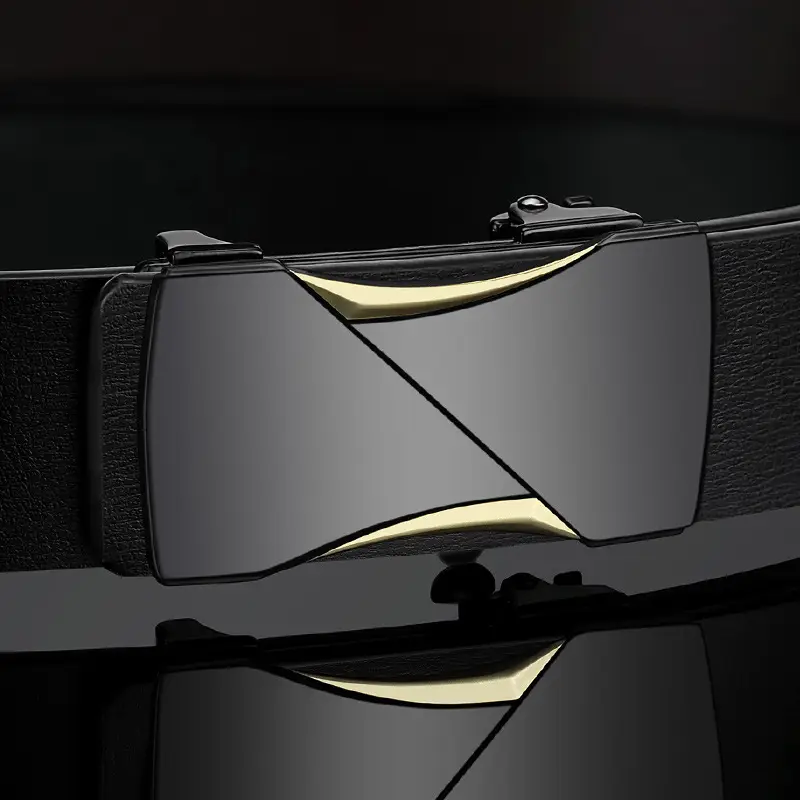Men Genuine Leather Belt Black Gold Automatic Buckle - Image 4