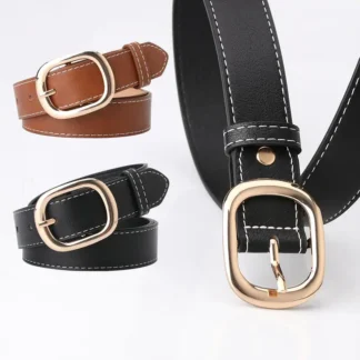 Women Casual Leather Belt Black Gold Buckle 105cm