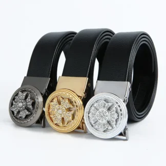 Men Black Leather Belt with Sparkling Buckle Set