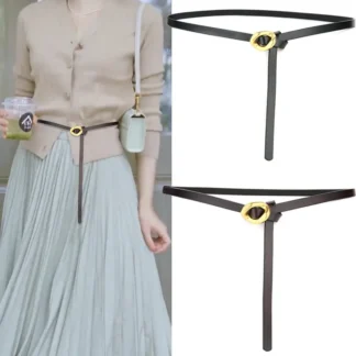 Women Leather Thin Belt with Gold Knot Buckle