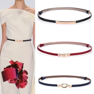 Women's Thin Genuine Leather Belt with Magnetic Closure Red Black Navy