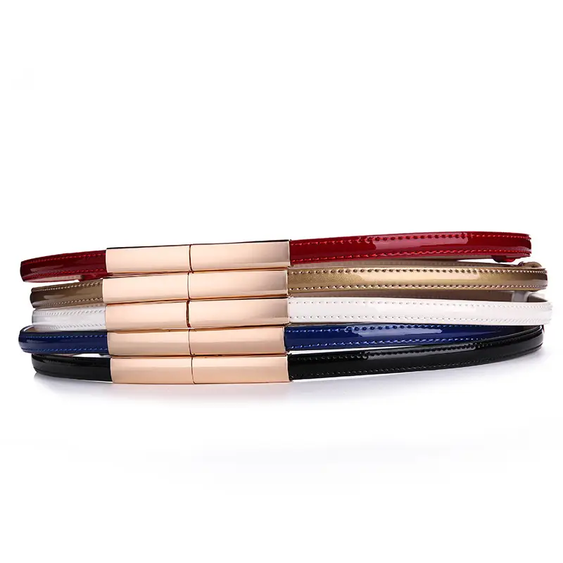 Women's Thin Genuine Leather Belt with Magnetic Closure Red Black Navy - Image 2