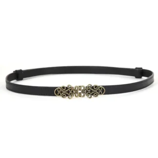 Women Leather Thin Belt with Gold Ornament Waist Chain