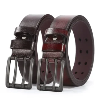 Men Leather Belt with Double Buckle Brown 120cm
