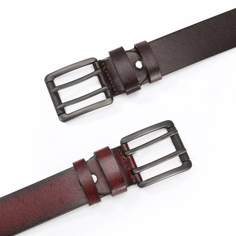 Men Leather Belt with Double Buckle Brown 120cm - Image 2