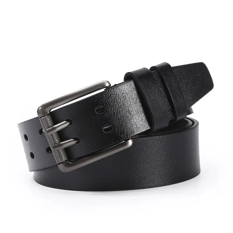 Men Leather Belt with Double Buckle Brown 120cm - Image 3
