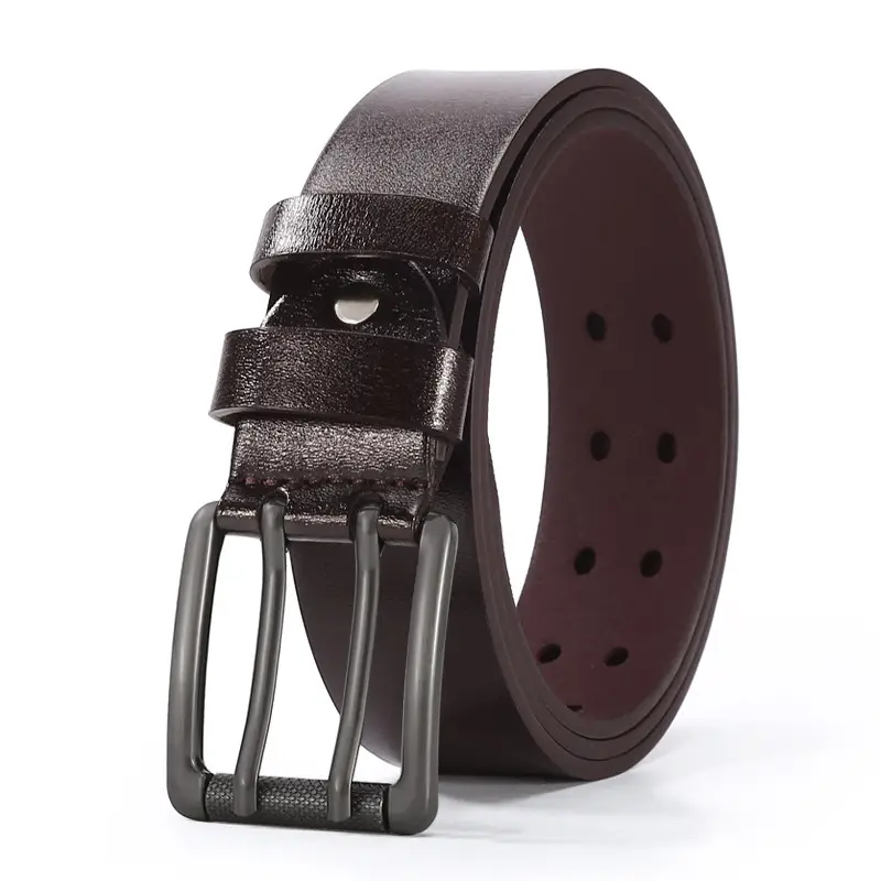 Men Leather Belt with Double Buckle Brown 120cm - Image 5