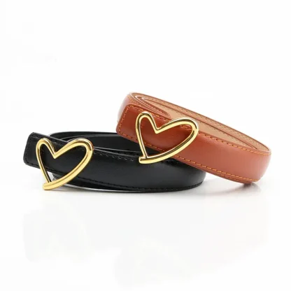 Women Heart Buckle Belt Black Brown White Tan