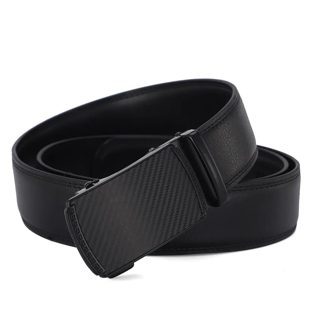 Men Black Carbon Fiber Automatic Buckle Leather Belt - Image 3