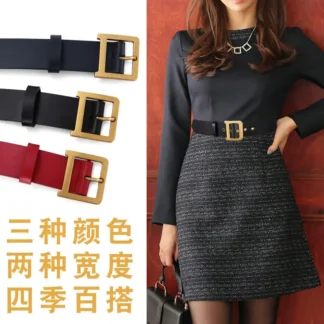 Women Vintage Leather Belt Red Black Gold Buckle All Season