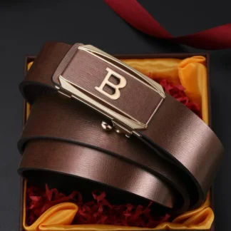 Men Brown Cowhide Belt with Gold Buckle
