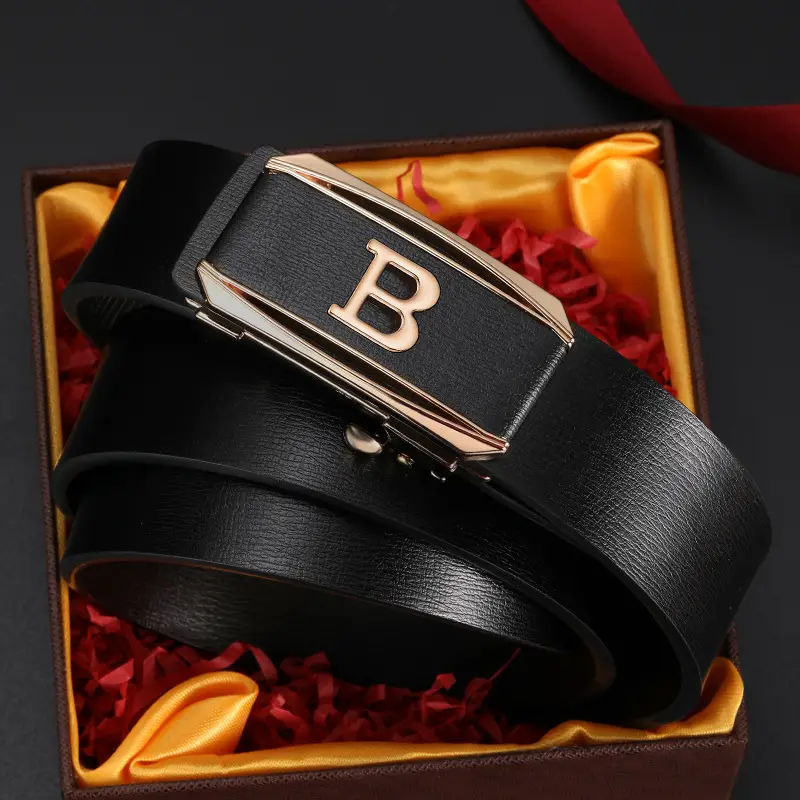 Men Brown Cowhide Belt with Gold Buckle - Image 2