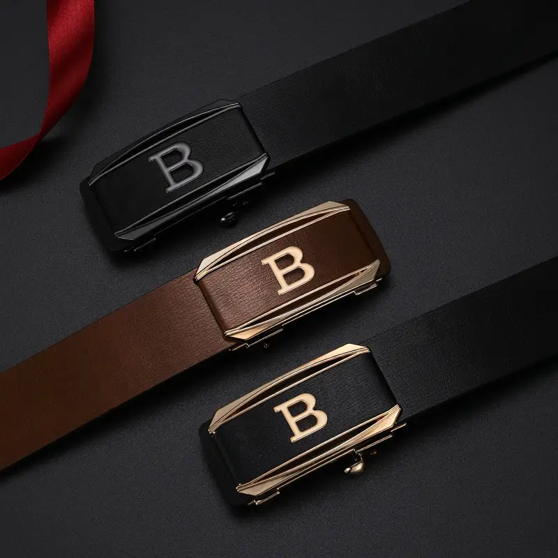 Men Brown Cowhide Belt with Gold Buckle - Image 4