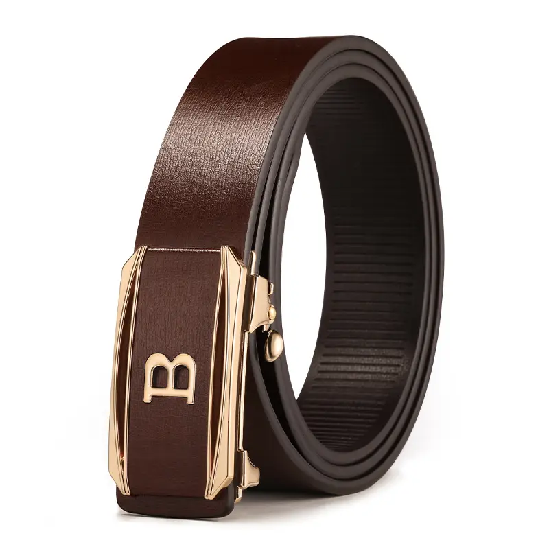Men Brown Cowhide Belt with Gold Buckle - Image 5