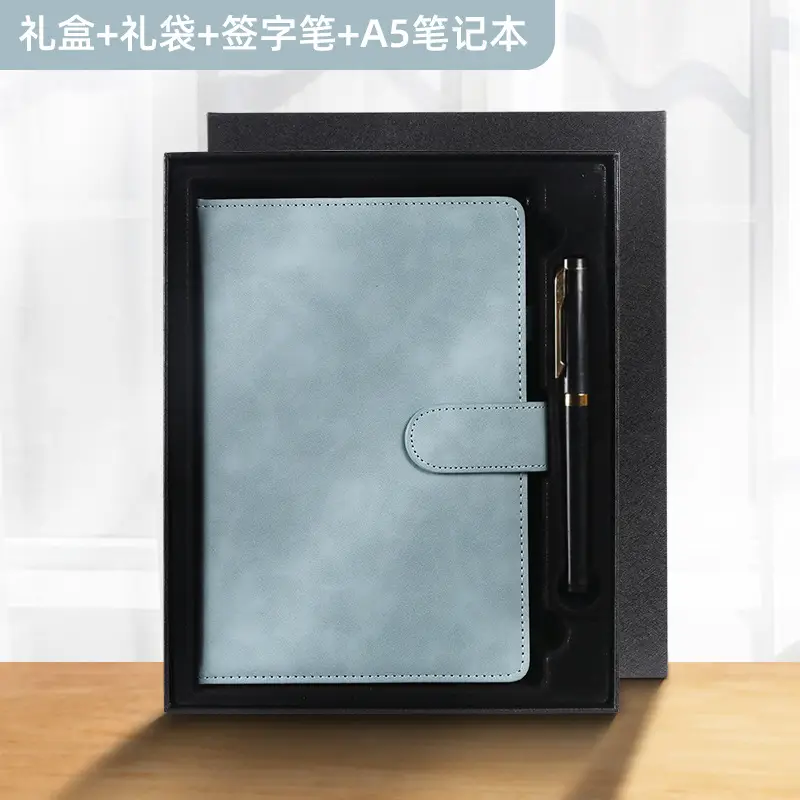A5 Sky Blue Leather Notebook with Pen Gift Set