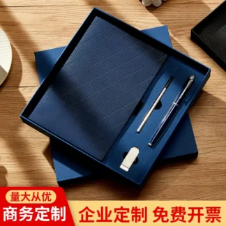 Customizable Dark Blue Business Notebook Gift Set with Pen & Clip