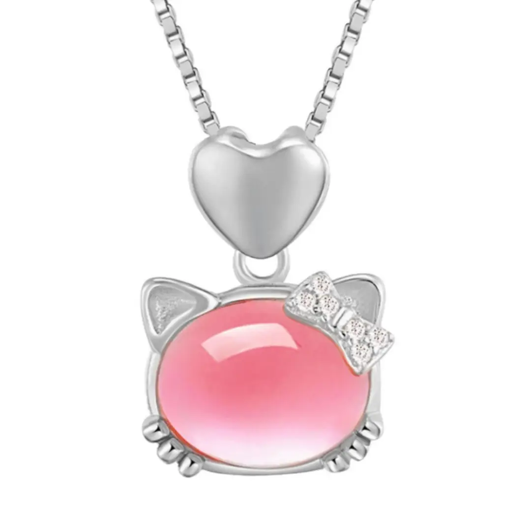 Rose Gold Cat Pendant Necklace for Women Pink Crystal Hibiscus - Image 2