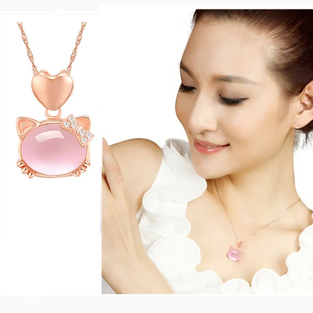 Rose Gold Cat Pendant Necklace for Women Pink Crystal Hibiscus - Image 3