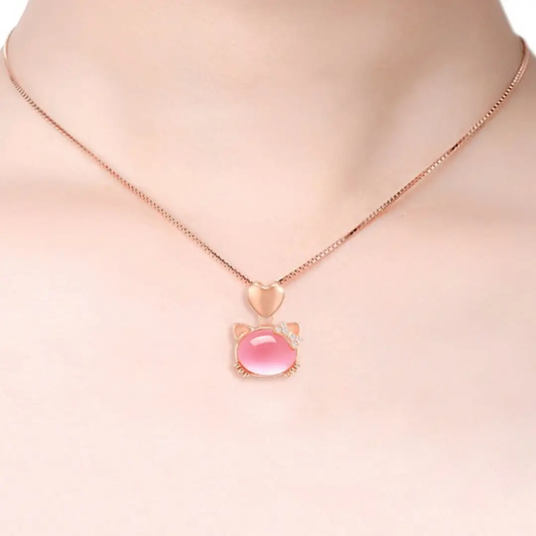 Rose Gold Cat Pendant Necklace for Women Pink Crystal Hibiscus - Image 4