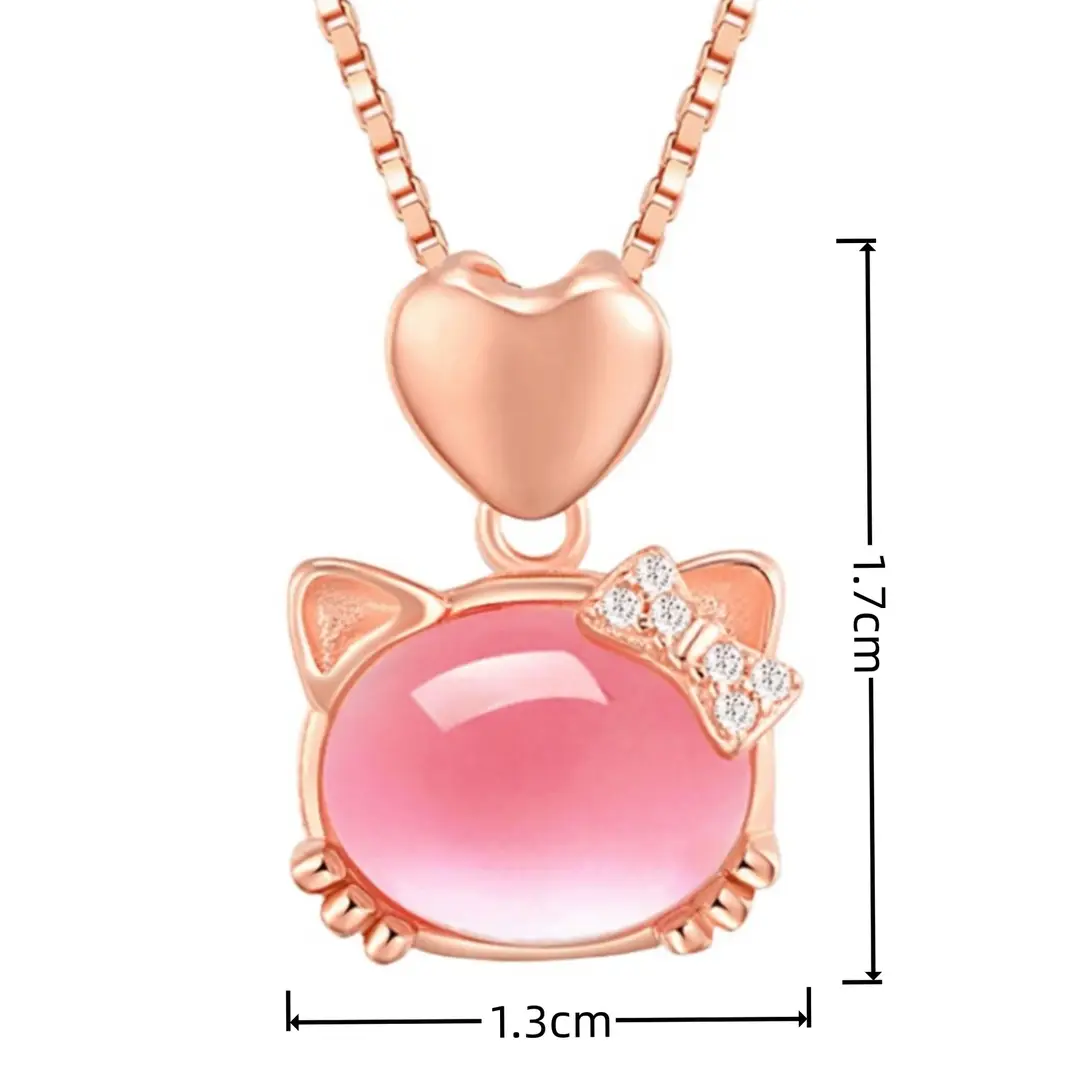 Rose Gold Cat Pendant Necklace for Women Pink Crystal Hibiscus - Image 5