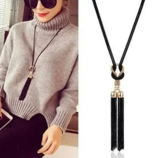 Women Tassel Long Necklace Black Gold Fashion Sweater Chain