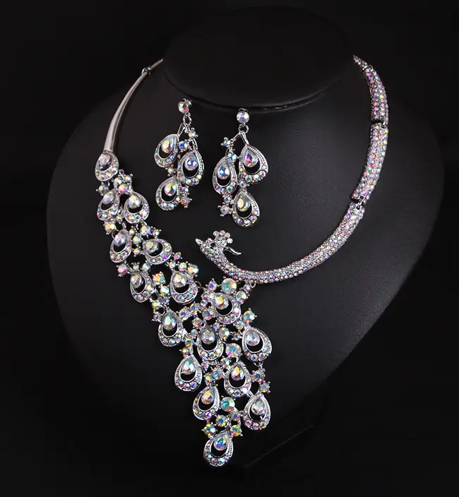 Exaggerated Crystal Peacock Necklace Earrings Set for Women - Image 3