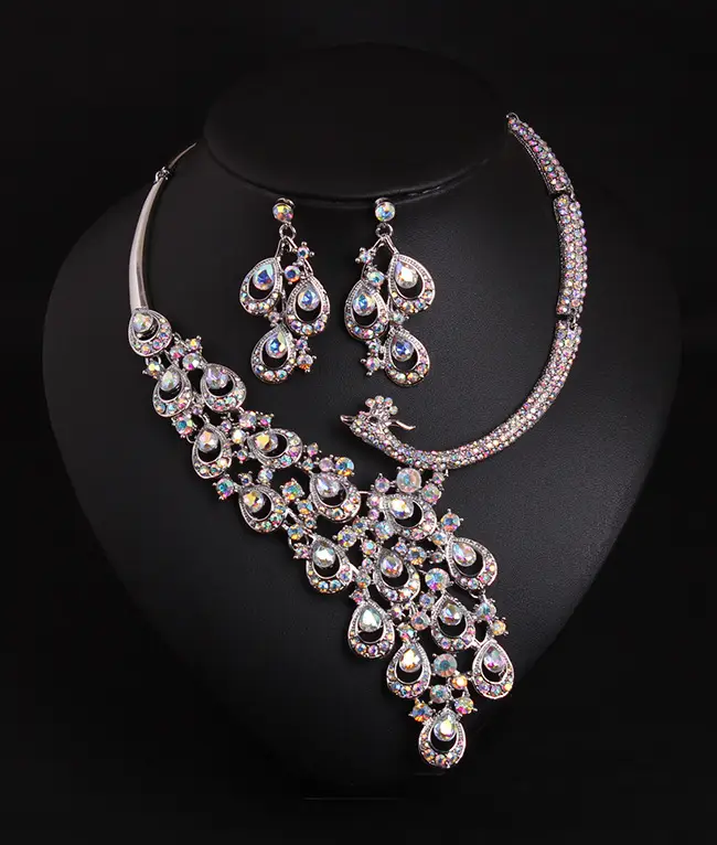 Exaggerated Crystal Peacock Necklace Earrings Set for Women - Image 7