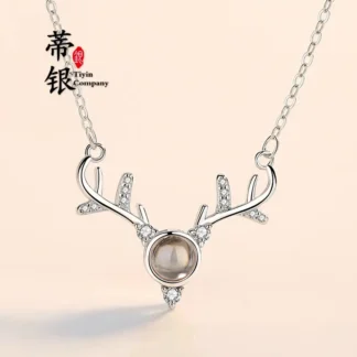 Sterling Silver Deer Pendant Necklace with Crystal Horns