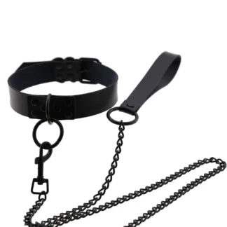 Black Leather Collar Necklace with Chain Leash