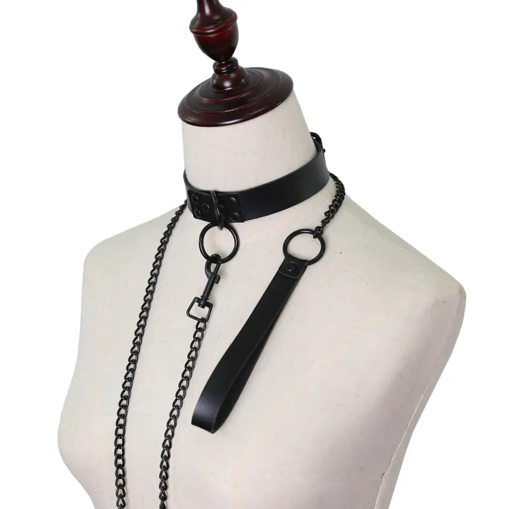 Black Leather Collar Necklace with Chain Leash - Image 2