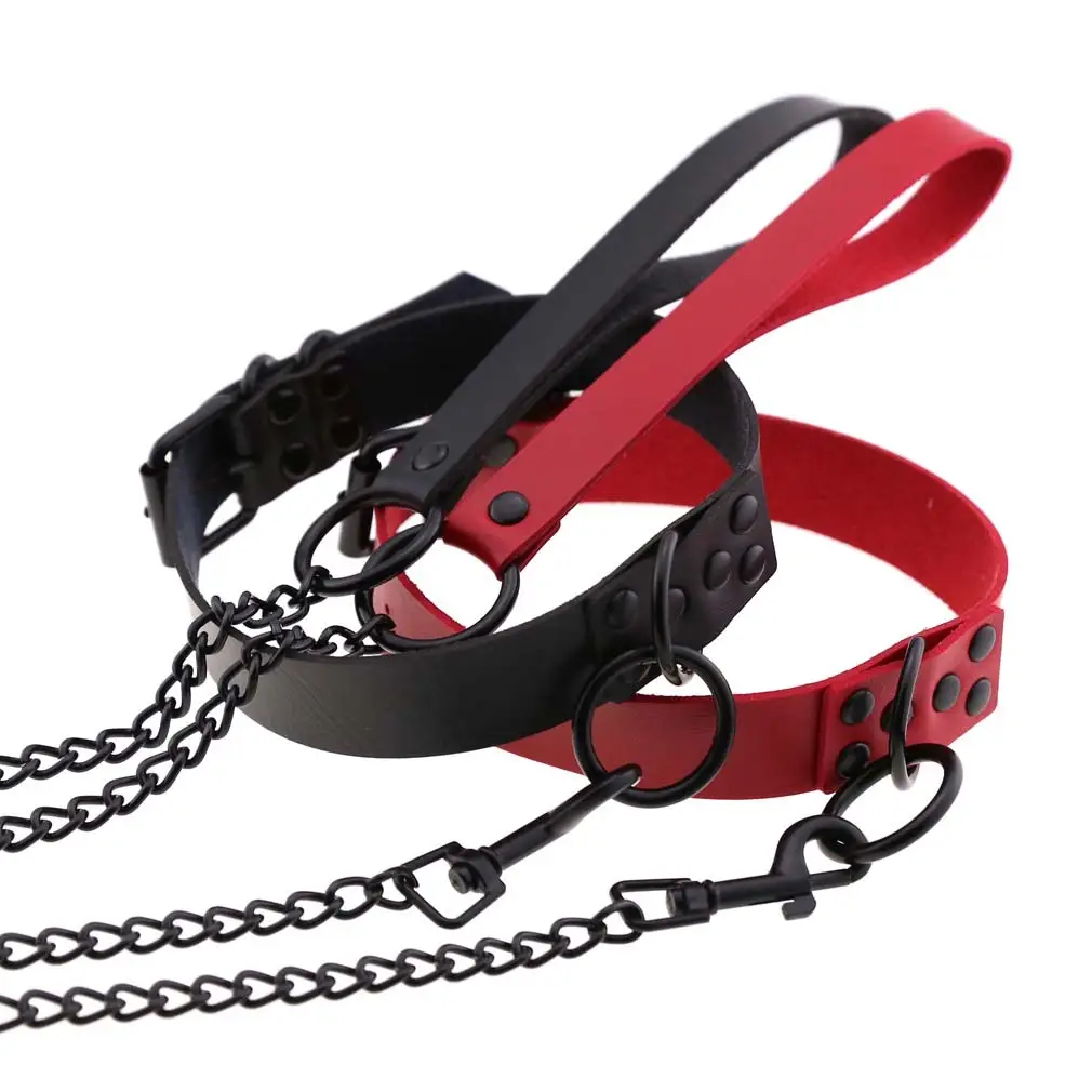 Black Leather Collar Necklace with Chain Leash - Image 3