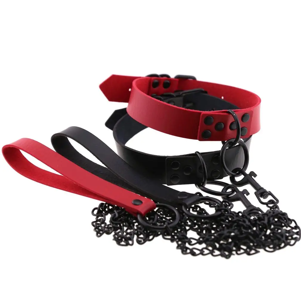 Black Leather Collar Necklace with Chain Leash - Image 4