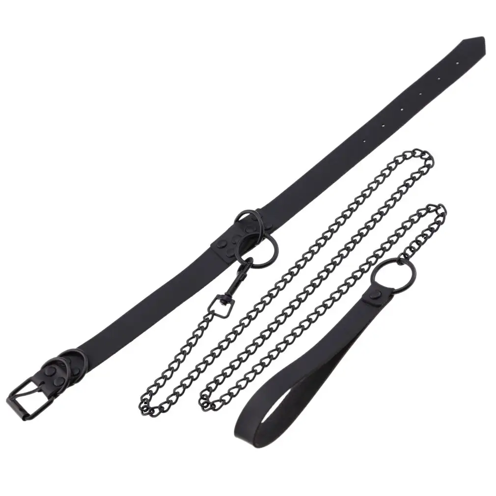 Black Leather Collar Necklace with Chain Leash - Image 5